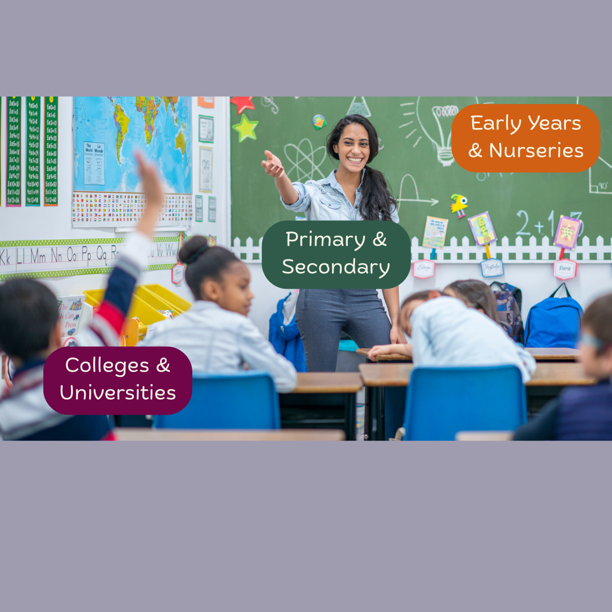Teacher in a classroom directing attention to students, with educational labels displayed.